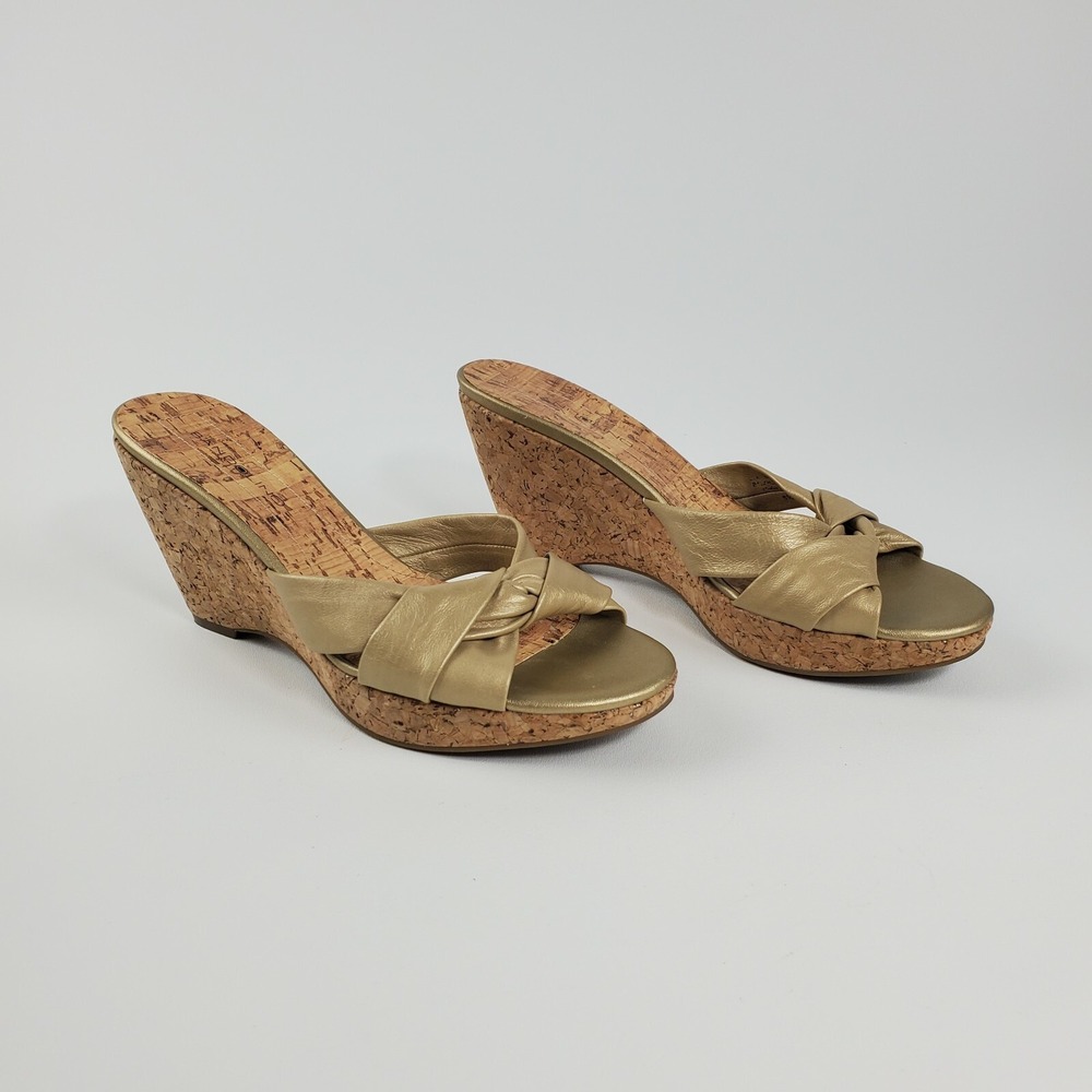 Bandolino Sandal Womens 8.5‎ M Leather Slide Platform Gold Open Toe Wedge Heel